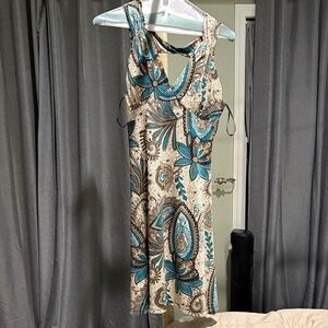 Elegant Backless summer Dress in Turquoise and Brown Floral